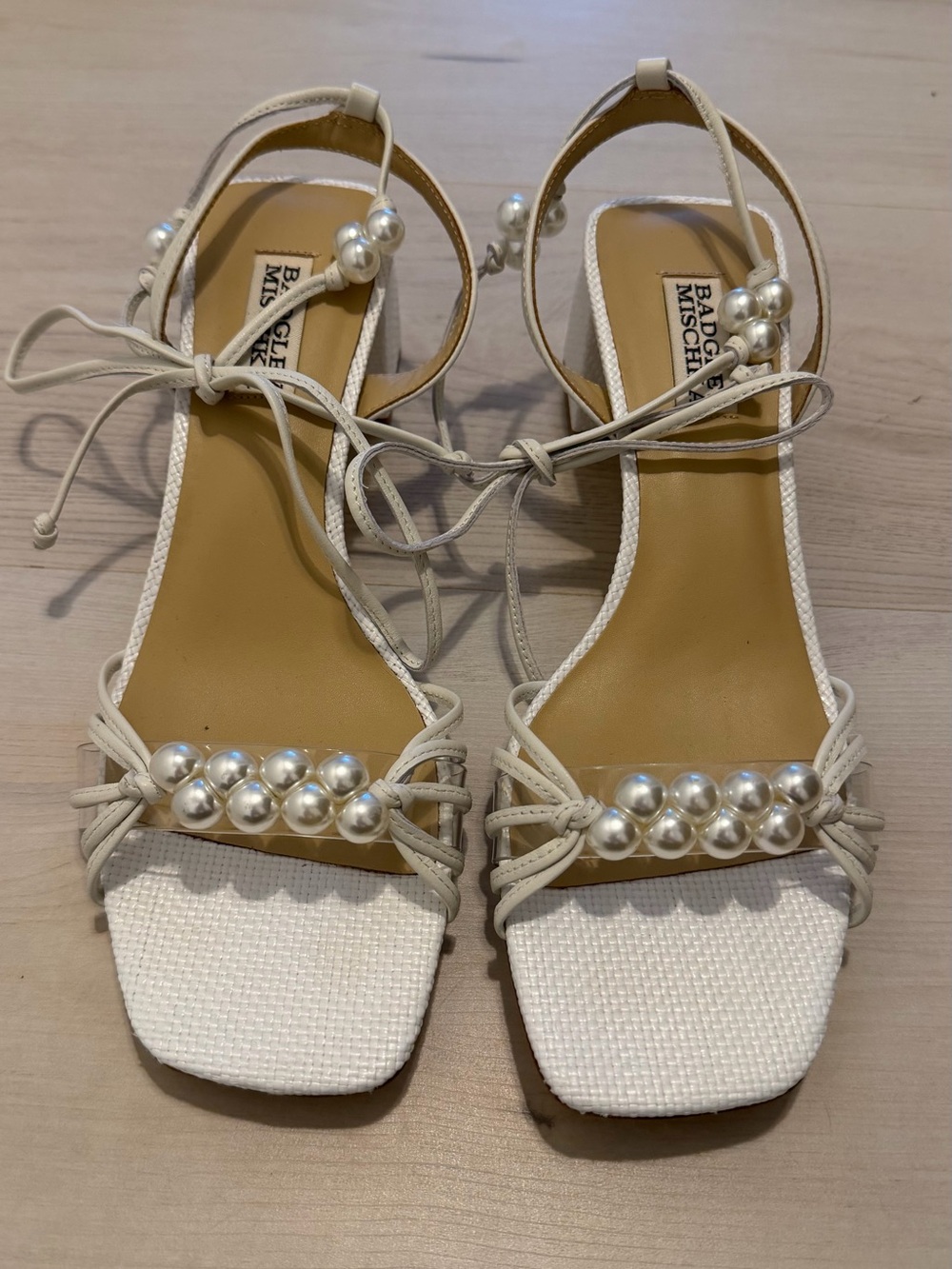 Badgley Mischka Cream Pearl-Embellished Strappy Sandals 8.5